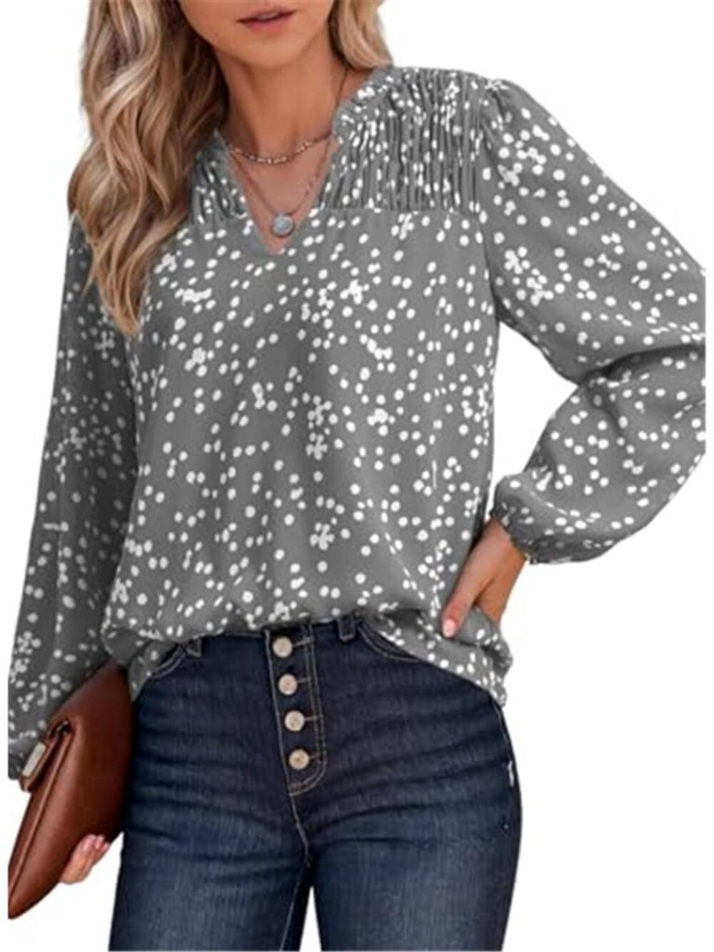 Women's Floral Chiffon Blouse V Neck Smocked Long Sleeve Casual Top